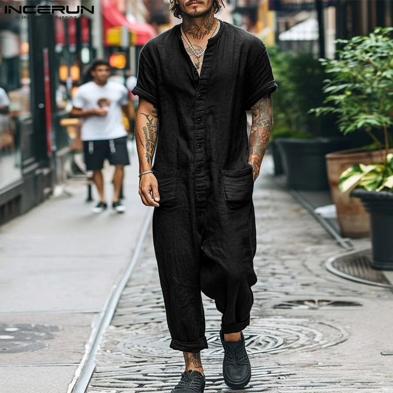 Fashion Casual Style Bodysuits INCERUN Men's O-neck Short Sleeved Rompers Male Streetwear Solid Comfortable Jumpsuit S-5XL 2024