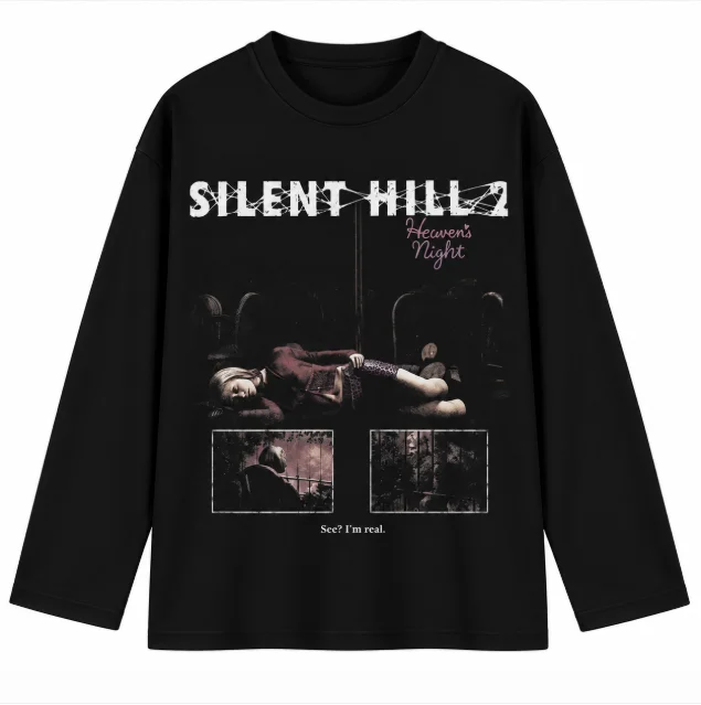 Retro Silent Hill Horror Game Graphic Long Sleeve Tee Gothic Streetwear Casual Black Loose Long‑Sleeve T‑Shirt For Unisex Adult