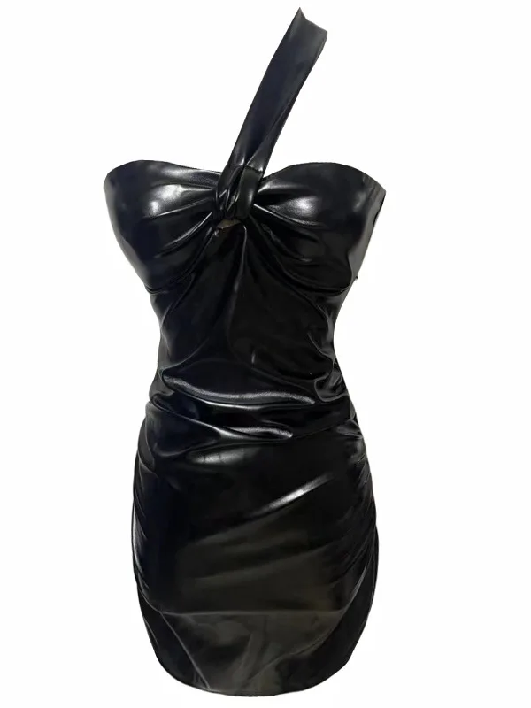 2023 New Sexy Spicy Girl Elegant Mature Cool Fashion Charm Bold Dress One Shoulder Bra PU Leather Wrap Hip Dress Women QOJW