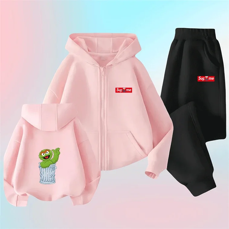 

Hot Sesame Street Little Girls Boys Zip Up Hoodie Set Cute Cartoon Print Warm Windproof Autumn Winter Fashion