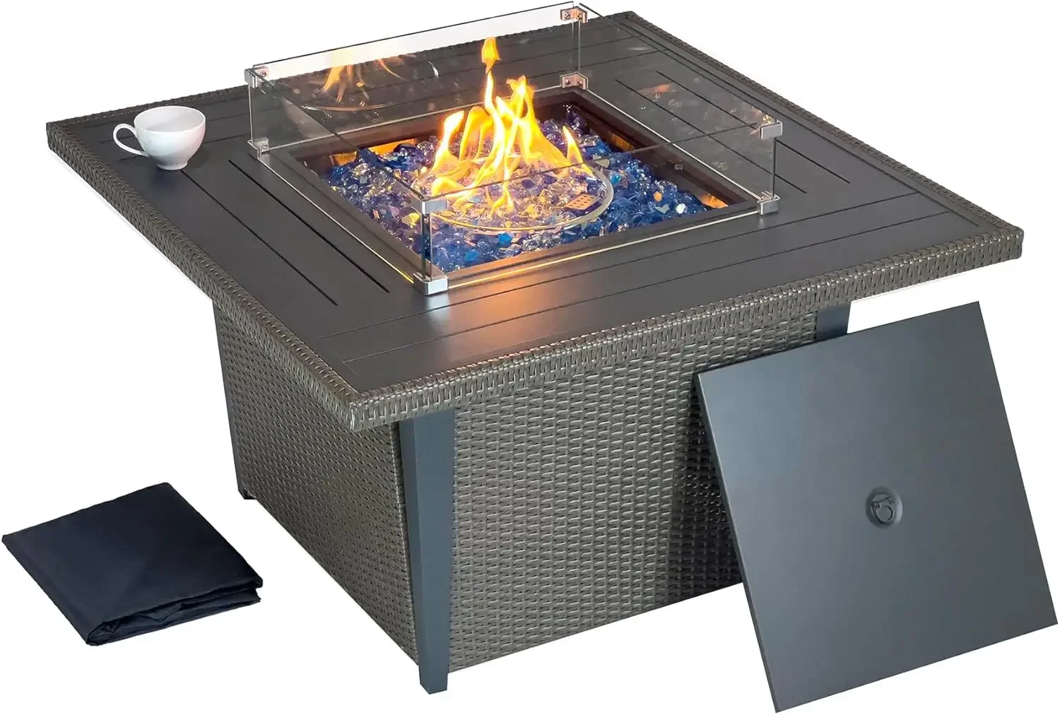 

Kinger Home Ethan Rattan 42-Inch Propane Gas Fire Pit Table, Outdoor Patio Firepit, 50,000 BTU, CSA Certified, Includes Wind Gua