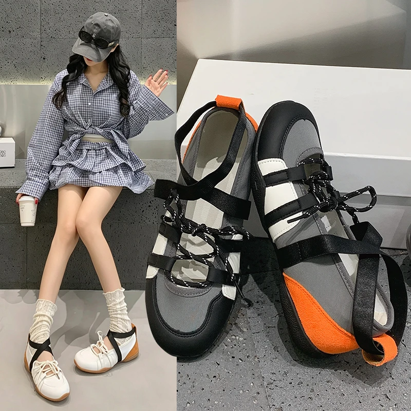 Women Retro Strap Lace Up Sneakers Cross Ankle Strap Flat Casual Shoes Soft Rubber Sole Daily Walking Fashion Footwear Multiple