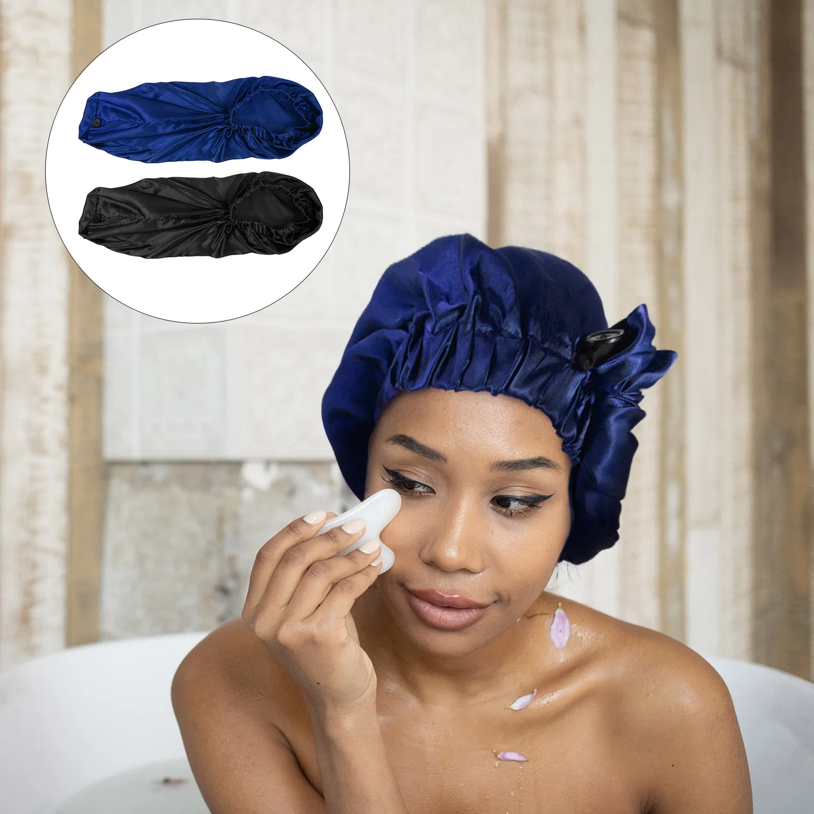 

2Pcs Satin Premium Hair Care Bonnets Women Sleep Caps Hats Durable Large Size Shower Caps House Use