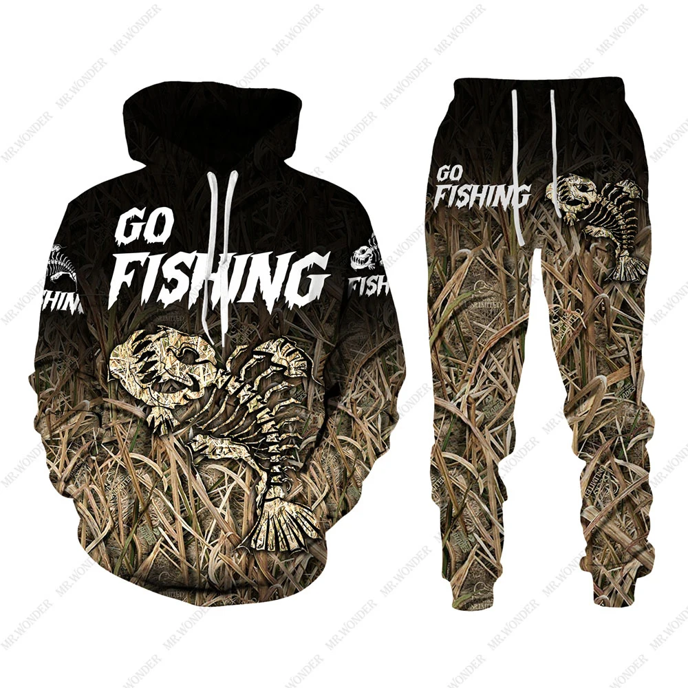 Animal Fish Go Fishing 3D Print Men\'s Tracksuit Sets Casual Hoodie + Pants 2pcs Sets Hunting Camo Hoodie Sets Trend Men Clothing