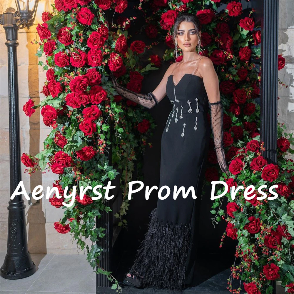 Aenyrst-Vestidos de Noche de plumas sin tirantes para mujer, vestido de graduación de satén de cristal recto, largo hasta el suelo, vestidos de fiesta formales, negro