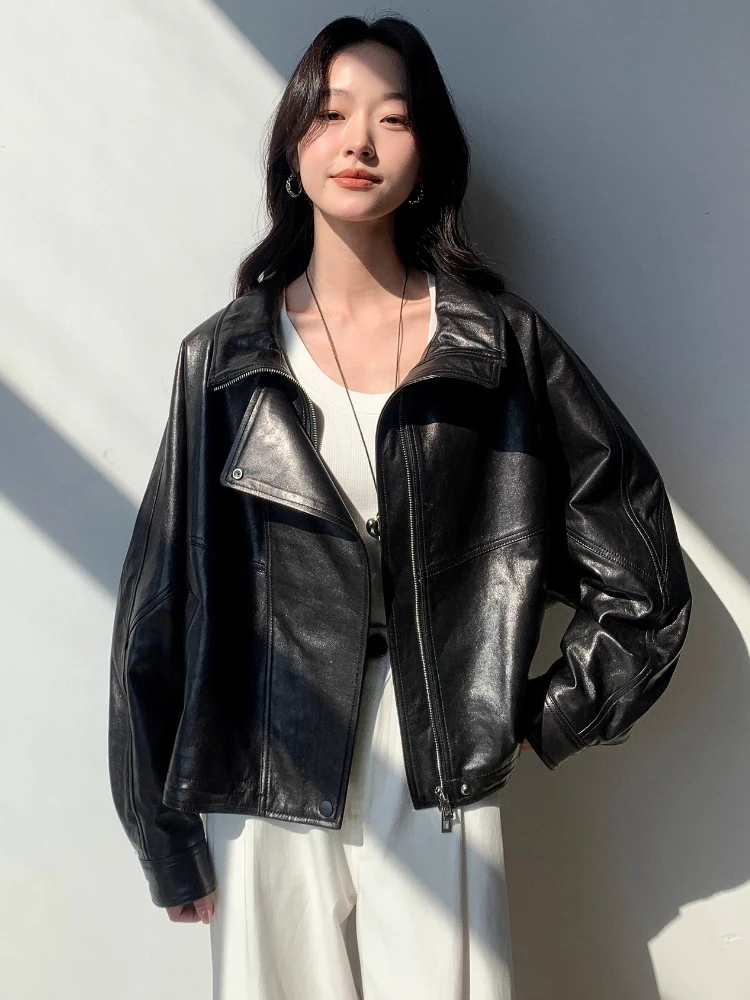 Oversize Genuine Leather Motorcycle Jacket for Women Spring Autumn High-end Simple Casual Soft Short Oil Wax Real Sheepskin Coat