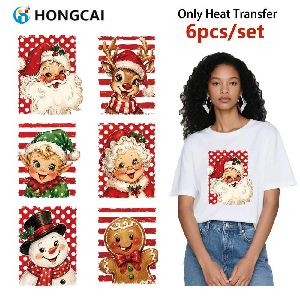 6Pcs Retro Cartoon Christmas HTV Iron-on Patches, Vibrant Colors, Strong Adhesion, Wash Resistant, DIY for Clothes
