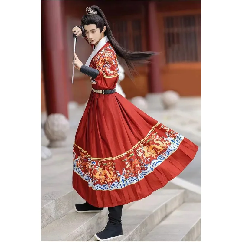 الصينية التقليدية خمر التنين المطبوعة Hanfu زي هالوين تنكري الصينية القديمة التقليدية فستان أحمر Hanfu الرجال