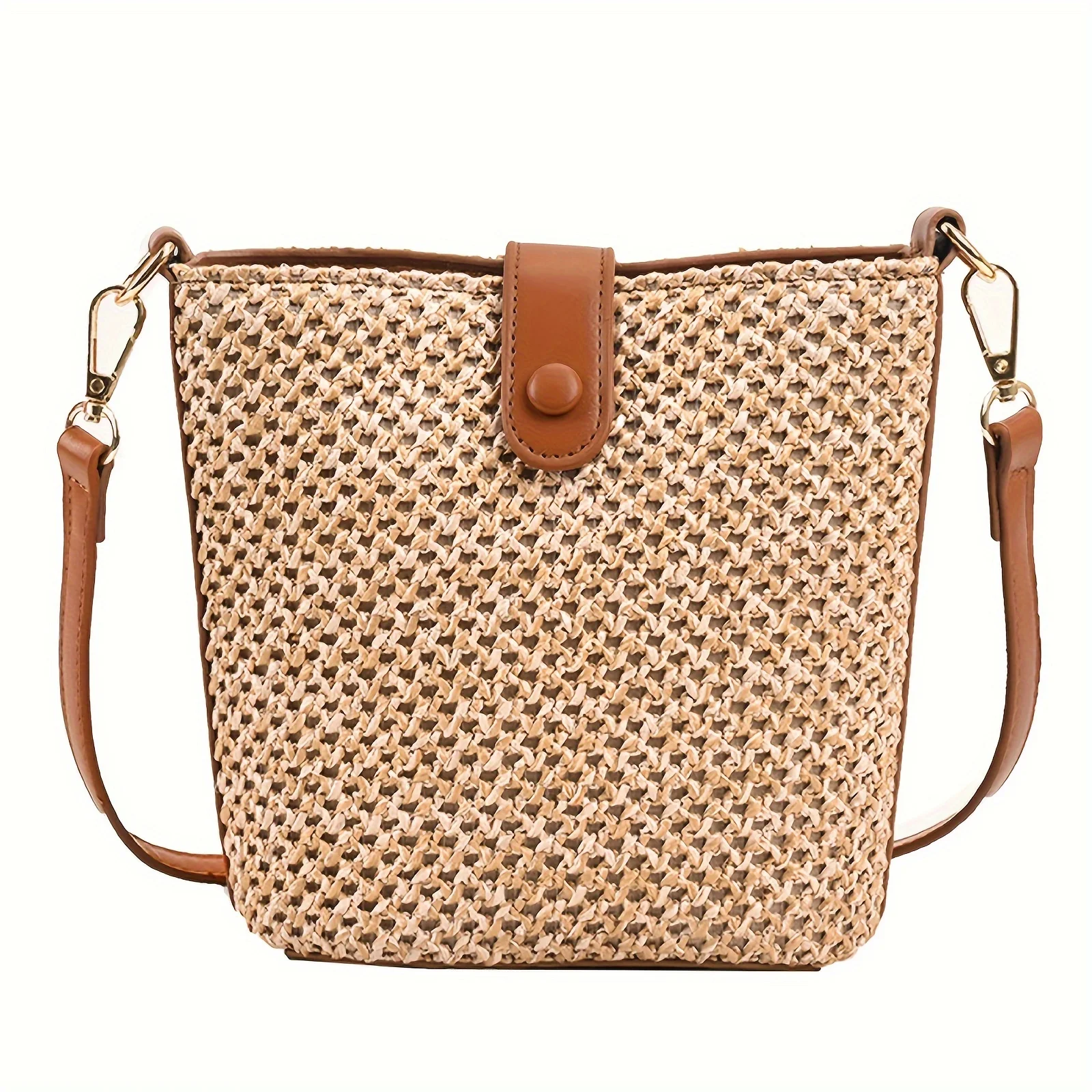 

Stylish PU Straw Beach Crossbody Bag - Adjustable Strap, Zipper Closure, Polyester Lining, Button Embellishment - Perfect Gift f