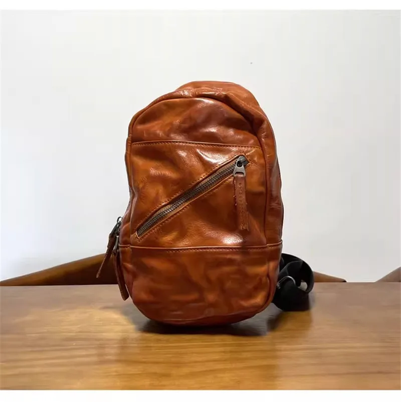 Retro fashion high quality natural real leather men's pleated chest bag outdoor daily work real cowhide teenagers diagonal bag