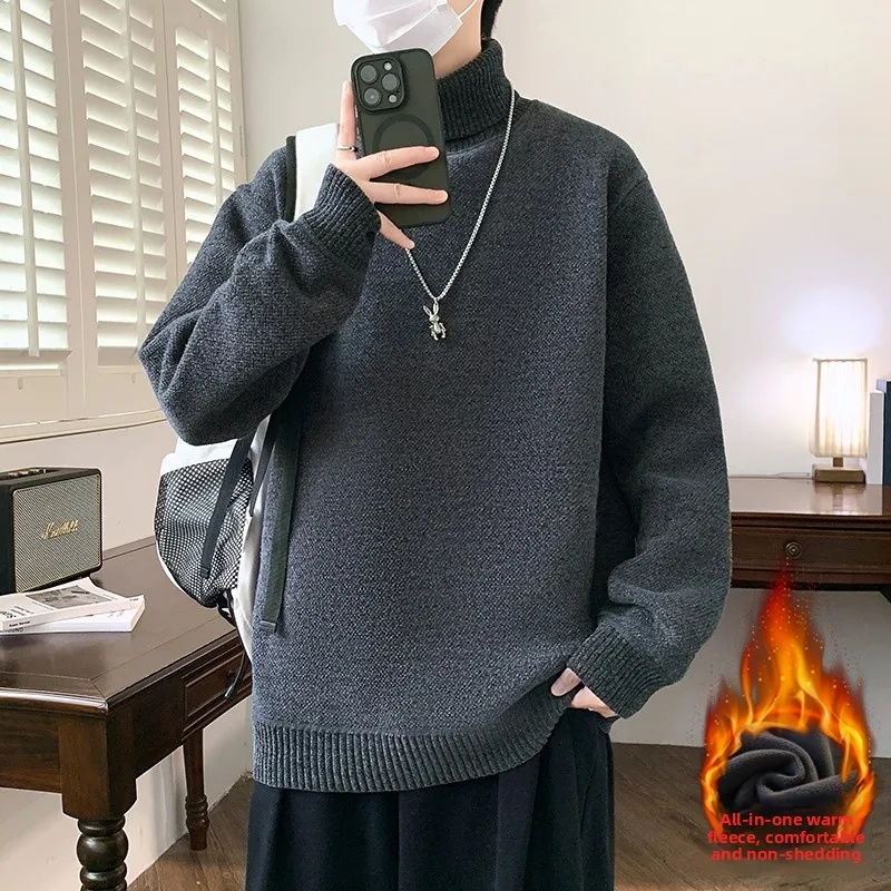 

Thiened Fce High Collar Men's Knitted Sweater Autumn Winter Pure Color Woolen Base Layer irt Student Casual Sle