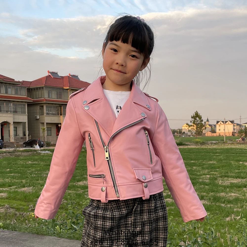 New Design Children Girls Boys Motorcycle Leather Jacket Windproof Spring Fall Zip Up Custom Genuine Leather Jackets For Kids