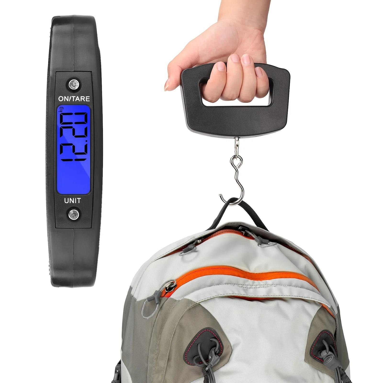 Báscula digital para equipaje, 110 lb (50 kg) con desviación de 10 g, báscula portátil de mano para maletas con gancho para viajes, pesaje de pescado, báscula digital de mano de alta precisión con celda de carga de resorte - Ligera y portátil