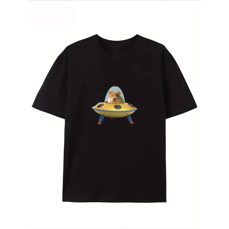 Cute Hamster Pilot UFO Graphic T-Shirt Women Space Adventure Print Tee Harajuku Short Sleeve Casual Fashion Streetwear Top