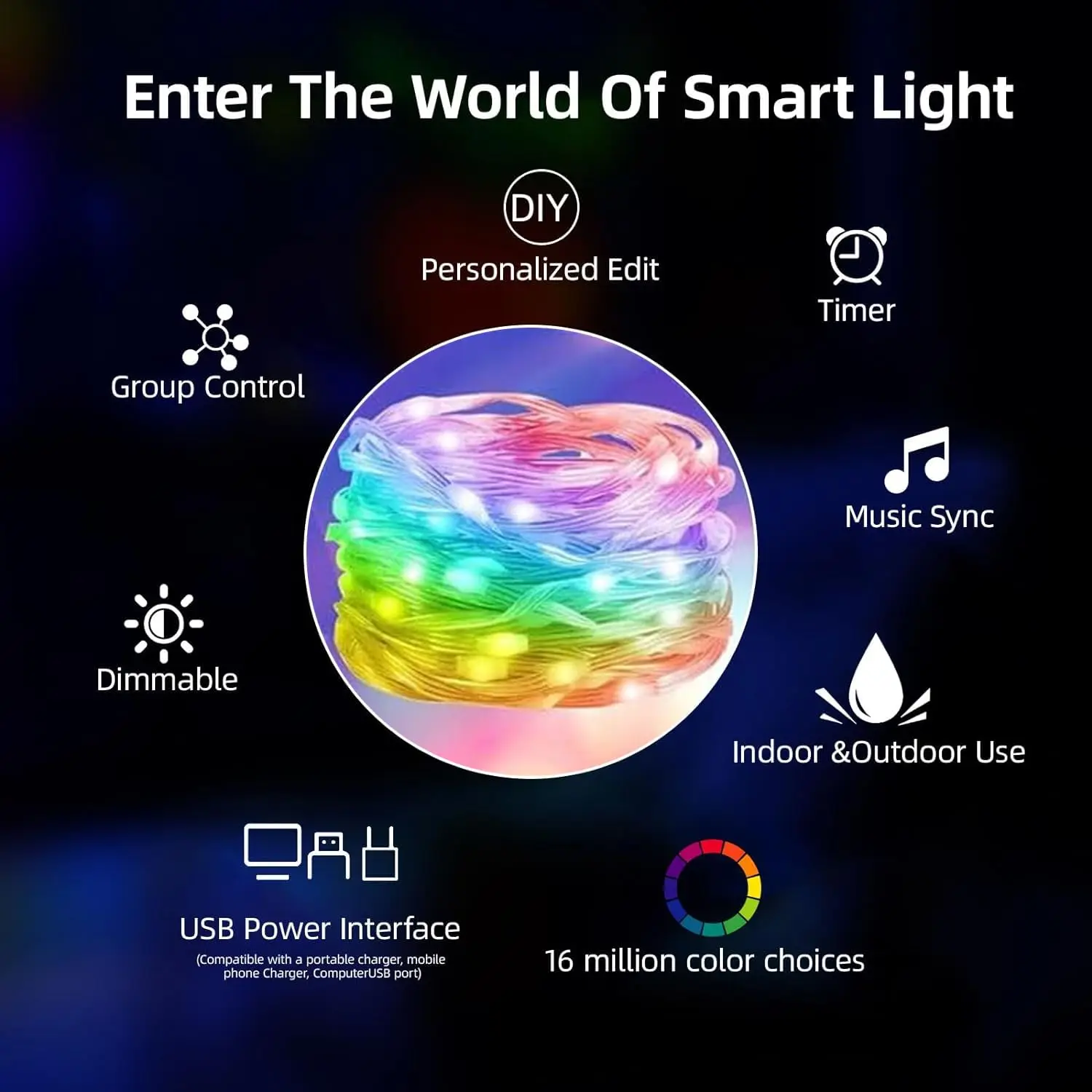 USB Fairy Lights Bluetooth LED String Fairy Lights Dreamcolor RGBIC Party Christmas Lights Wedding Decoration Garland