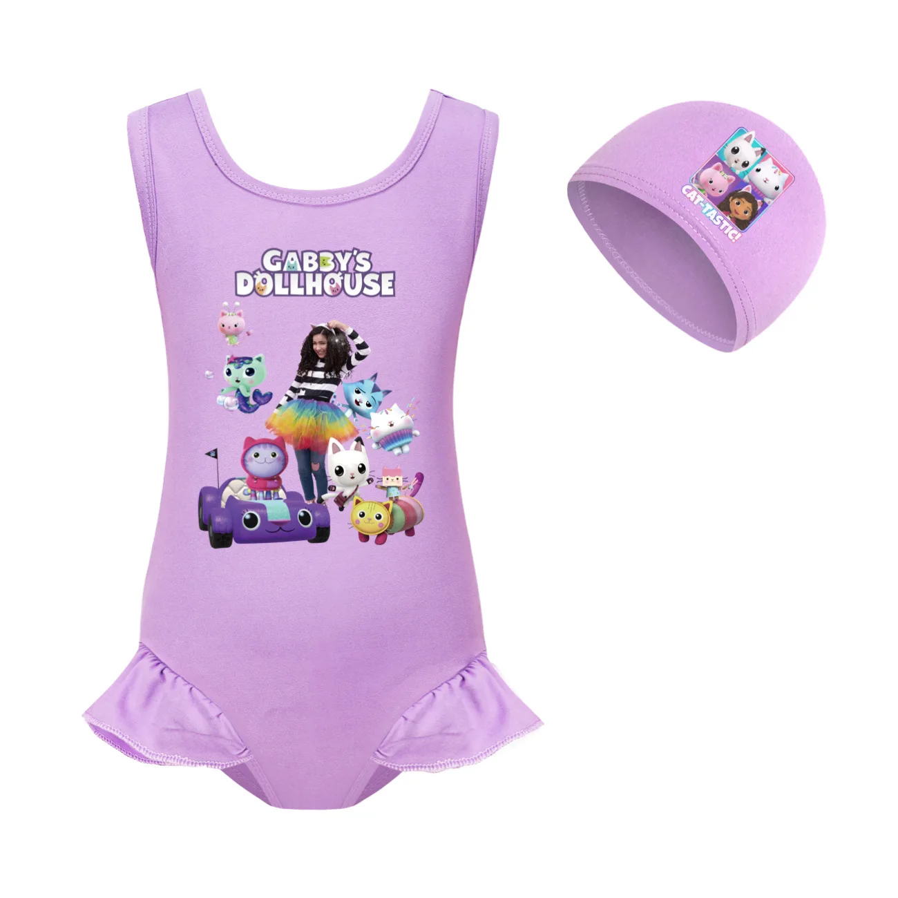 Gabby Doolhouse Swimwear Kids Summer Holiday Outfits Toddler Girls Gabby Chat Clothes Children One Piece Swimsuit+cap 2pcs Suits