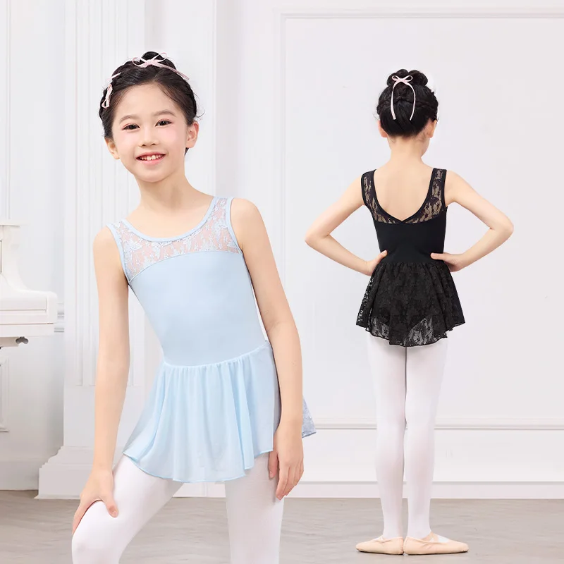 Girls' Sleeveless Ballet Dance Dress Kids Summer Lace Patchwork Practice Tutu Skirt