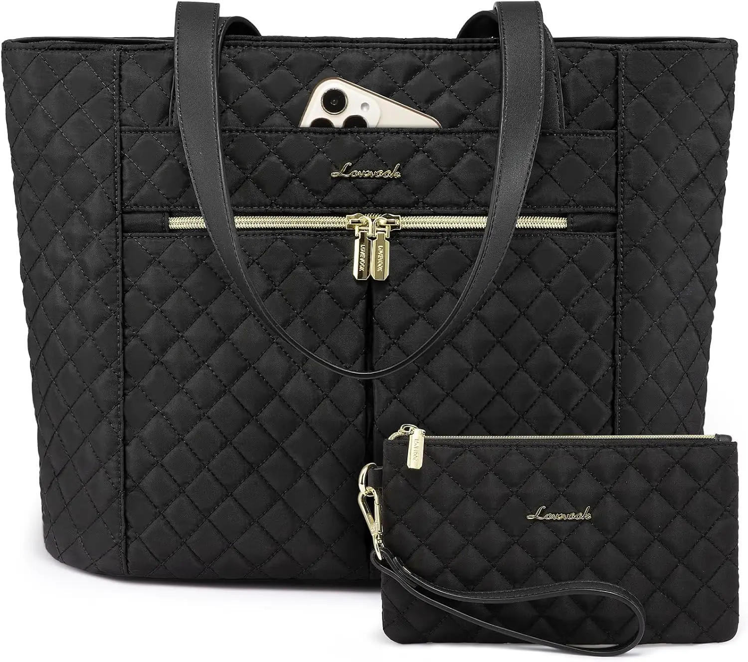 

17 Inch Diamond Quilted Laptop Tote Bag for Women, Stylish Travel Work Shoulder Bag with Clutch Purse in Black