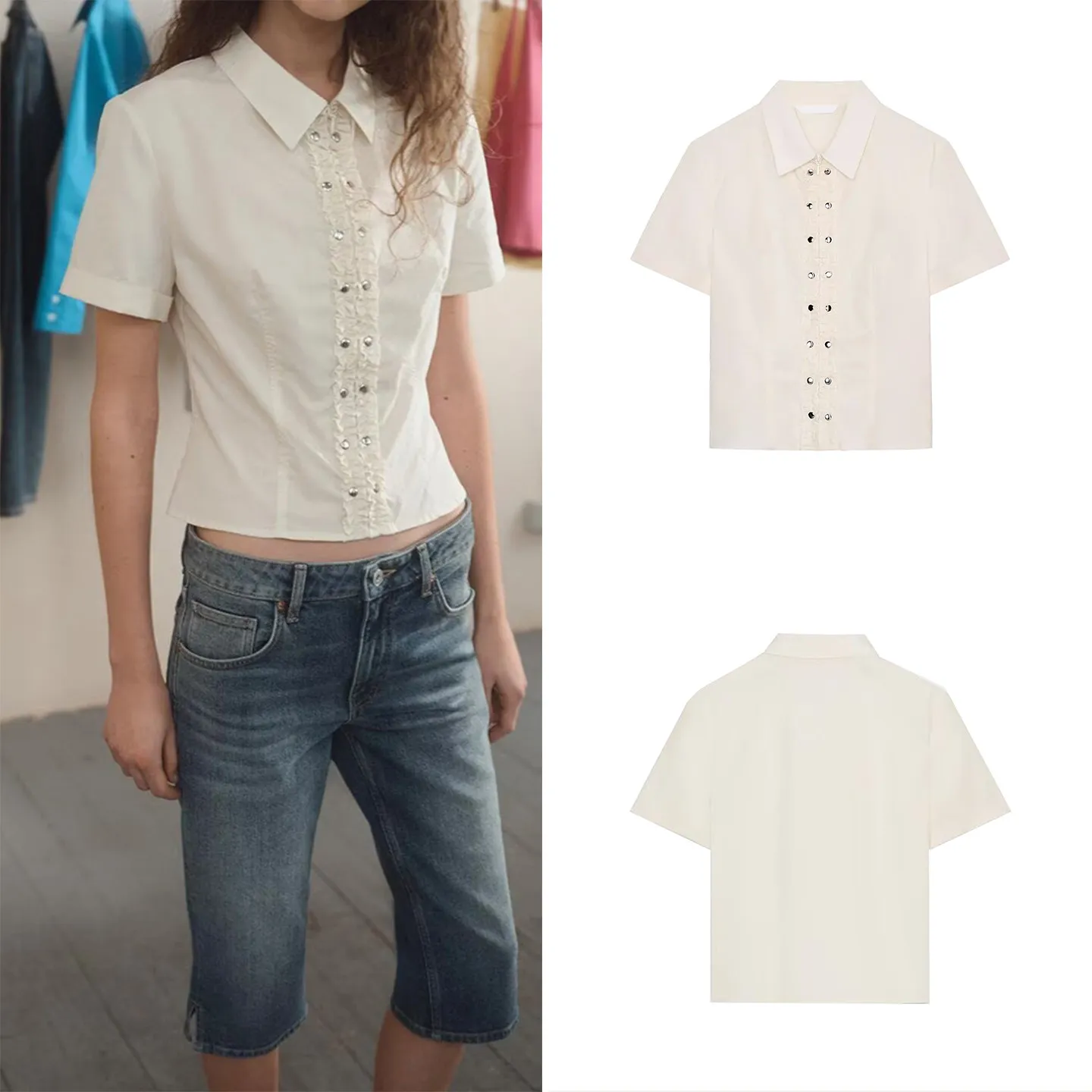 

Fashionable Rivet Layered Embellished Silk Shirt Women's Spring 2026 ZADATA Brand Casual Short Sleeve Turn-down Collar