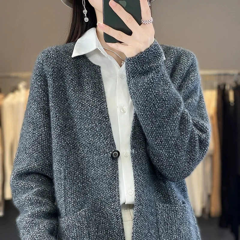 Autumn and winter round neck vintage 100% cashmere sweater long sleeve floral yarn cardigan women loose lazy wool knit coat top