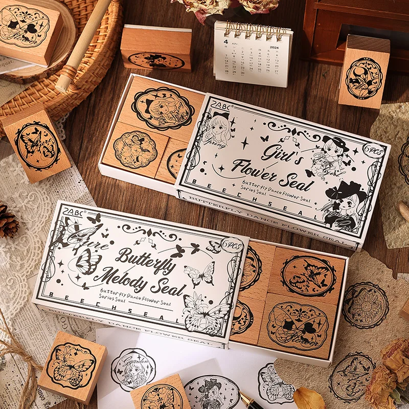 

6 pcs Retro plant Butterfly decoration stamp wooden rubber stamps for scrapbooking stationery supplies DIY craft standard seal