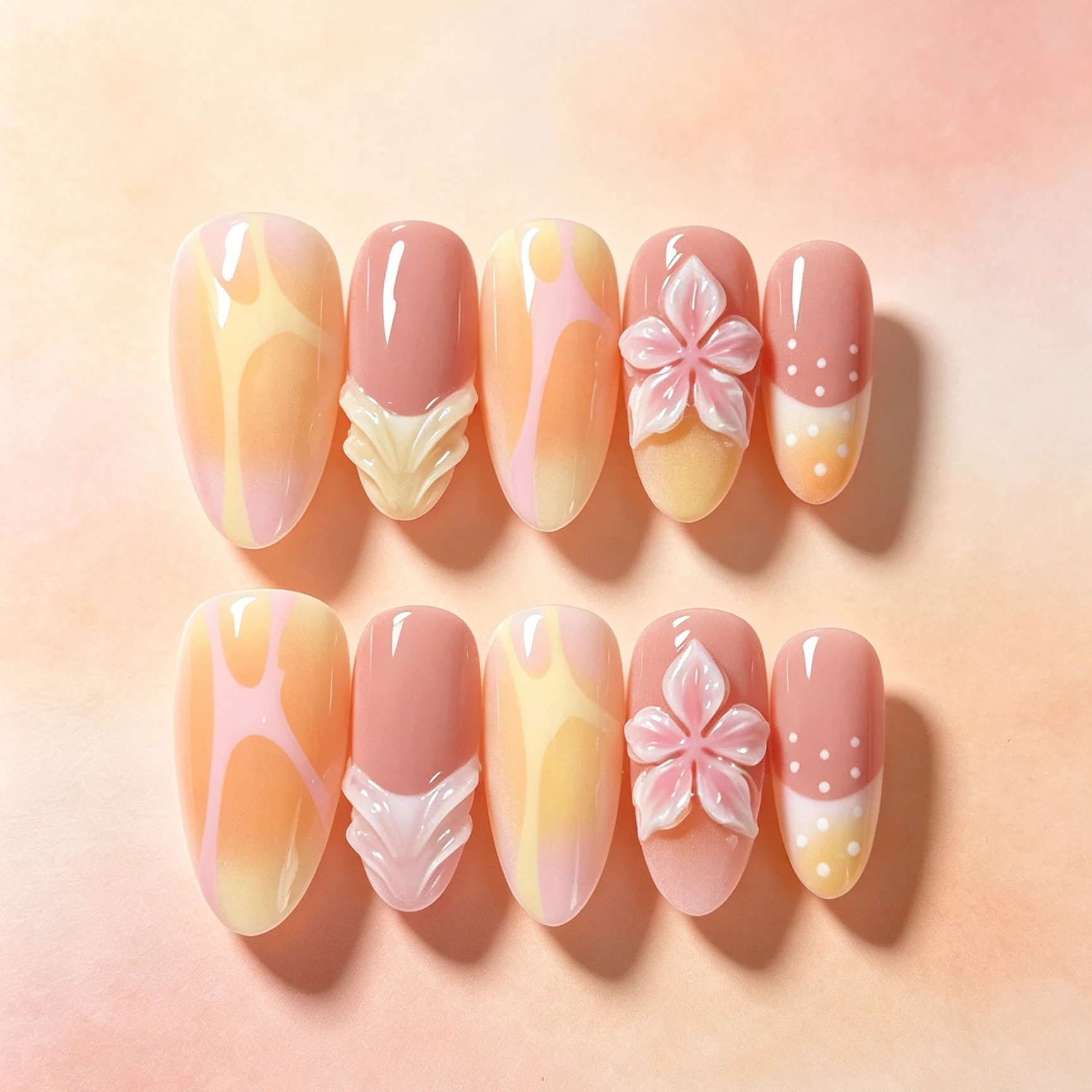 Medium Almond 10Pcs Press On Nails, Yellow Pink Gradient 3D Flower Handmade False Nails, Gentle Daily Reusable Nail Tips