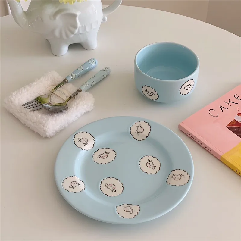 Cute Cartoon Plate Blue Lamb Ceramic Bowl Dessert Bowl Girl Heart High Beauty Salad Bowl Household Ceramic Plate Set Tableware