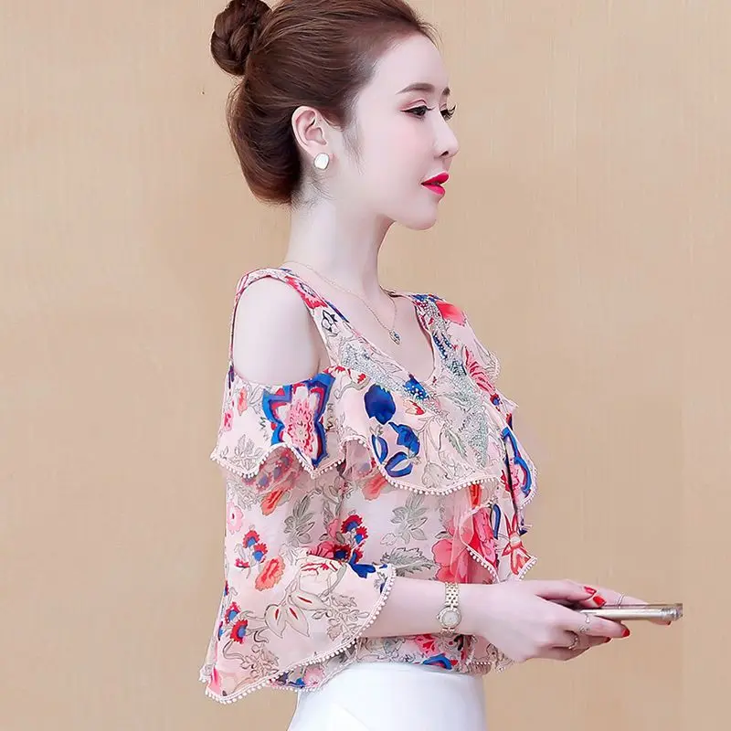 Fashion Printed Spliced Ruffles Off Shoulder Floral Blouse Women's Clothing 2023 Summer New Casual Pullovers Flare Sleeve Shirt