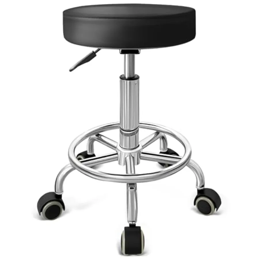 

PU Leather Rolling Stool with Foot Rest Round Height Adjustment Swivel Spa Drafting Salon Tattoo Work Office Massage Vanity Sto
