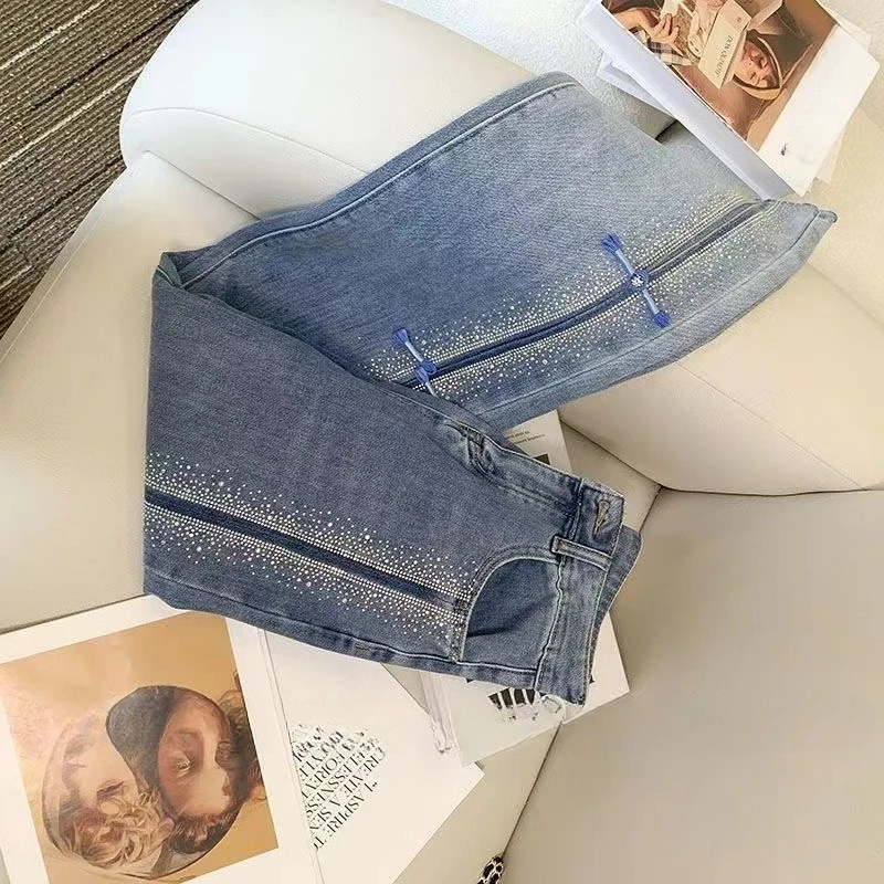 

Women's Fashion TrendChinese Style Slit Straight Leg Slimming Flared Pants Rhinestones Vintage Chinese Style Disc Button Jeans