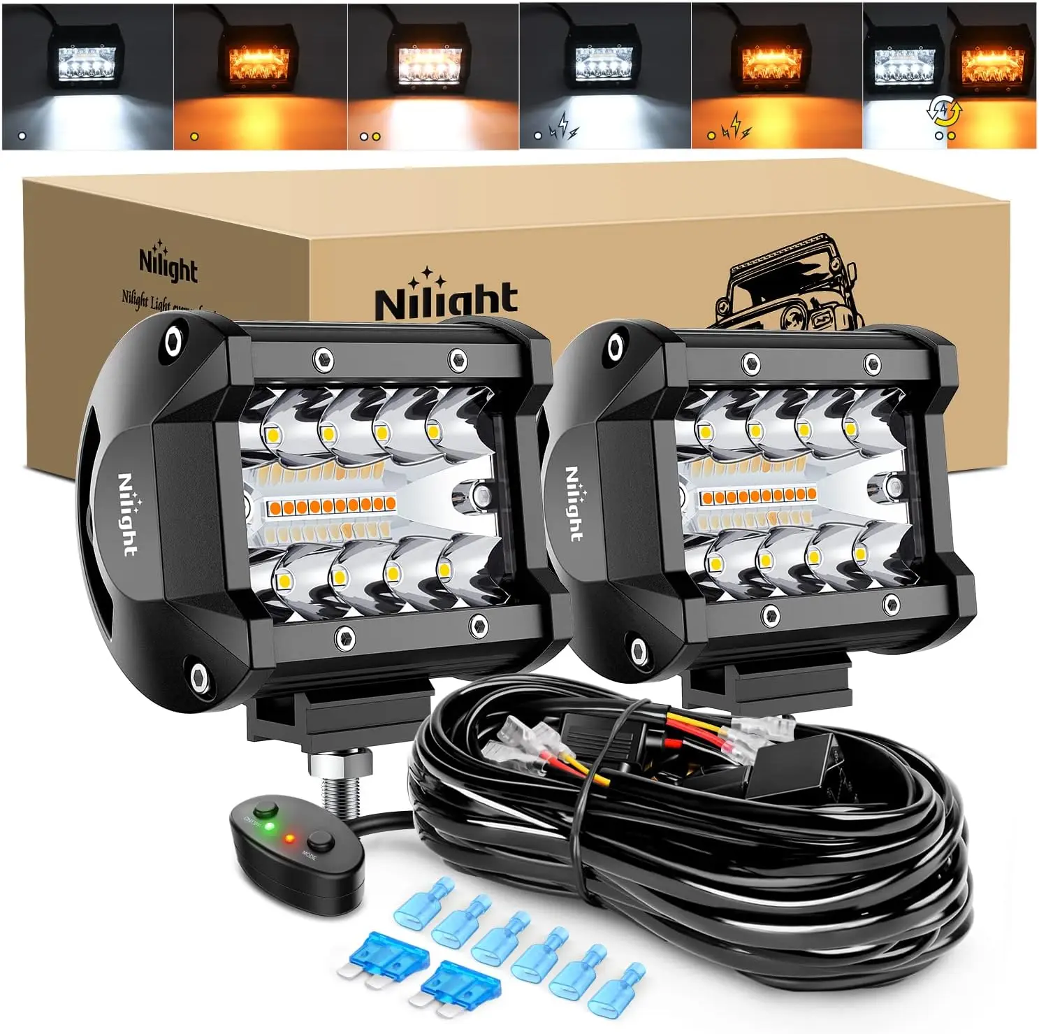 

2PCS 4Inch 60W LED Pods Spot Flood Amber White Light Bar with Strobe Modes and Wiring Harness Kit