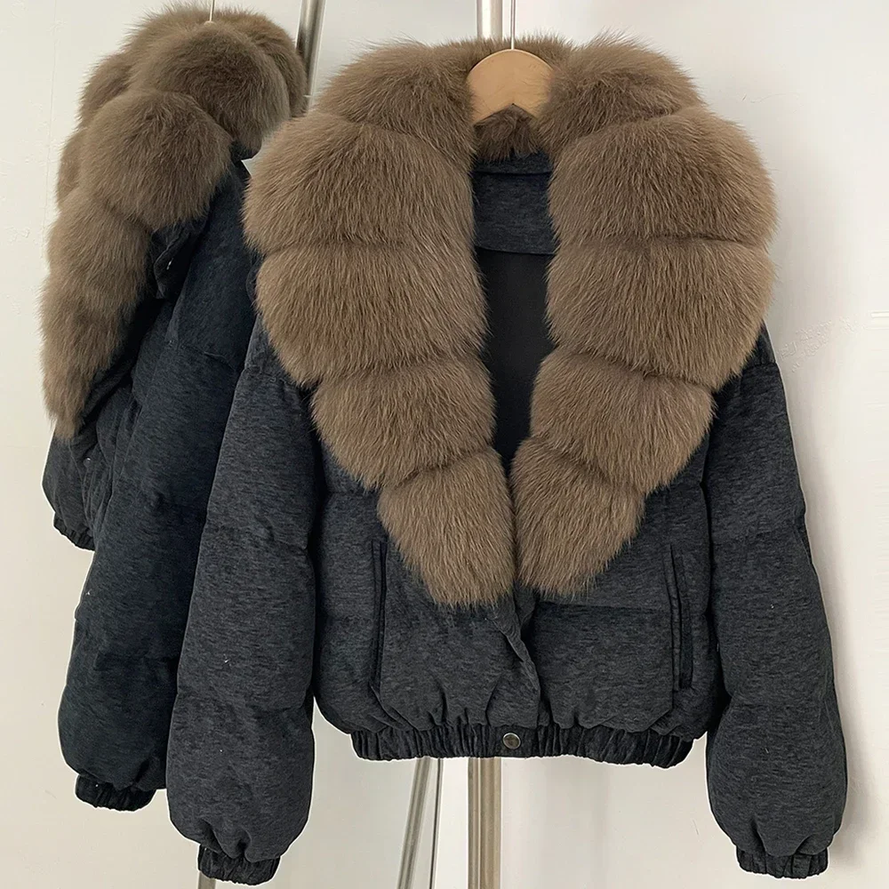 OFTBUY Neue Winterkleidung Übergroßer Echter Fuchspelz Kurzer Daunenmantel Damen 100% Baumwolle Waschbärpelz Entendaunen Pufferjacke Frauen – Detail 18
