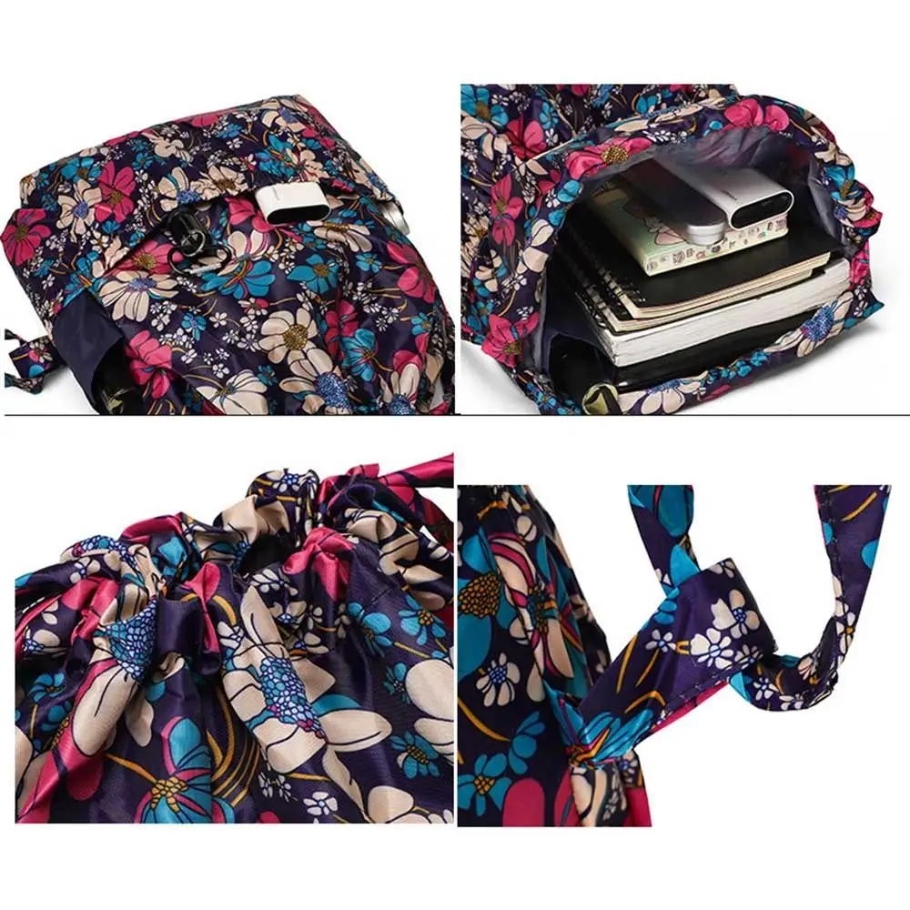 Fashion Floral Printed Drawstring Bag Waterproof Large Capacity Portable Shopping Bag Fold Sports Travel Bag Teenage Girls