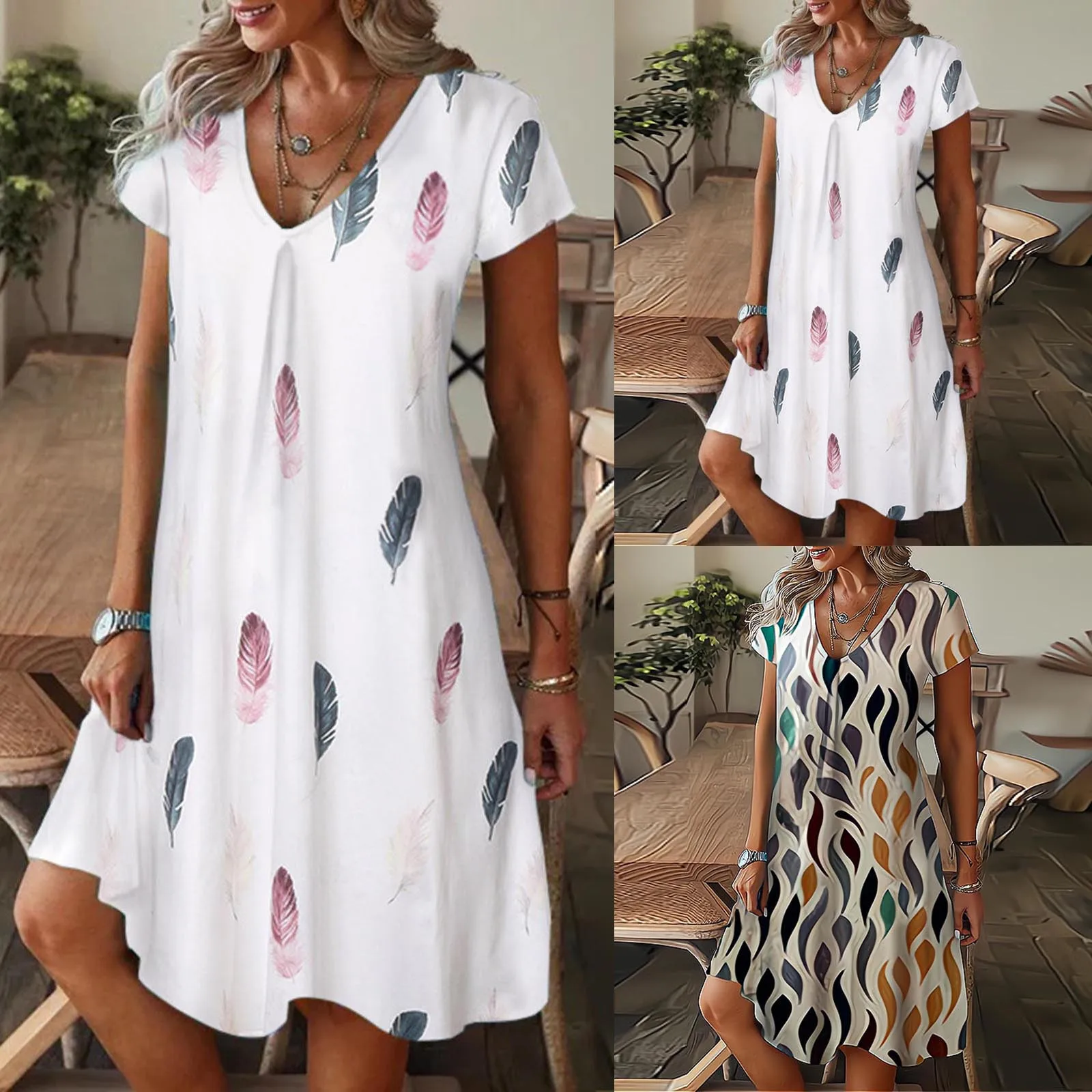 Women Floral Print Short Sleeve Dress Fashion Casual Loose Swing T Shirt Dress Spring Summer Daily All Match Beach Dresses