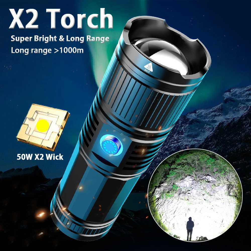 Rechargeable X2 LED Flashlight Zoom Super Bright Torch with 5 Lighting Modes high Lumen Tactical Flashlight for Camping Outdoor