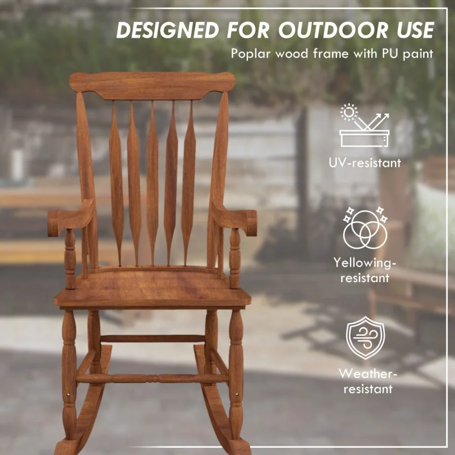 Porch Rocker Teak High Back Wooden Rocking Chair for Patio Balcony Outdoor Seating Durable Construction