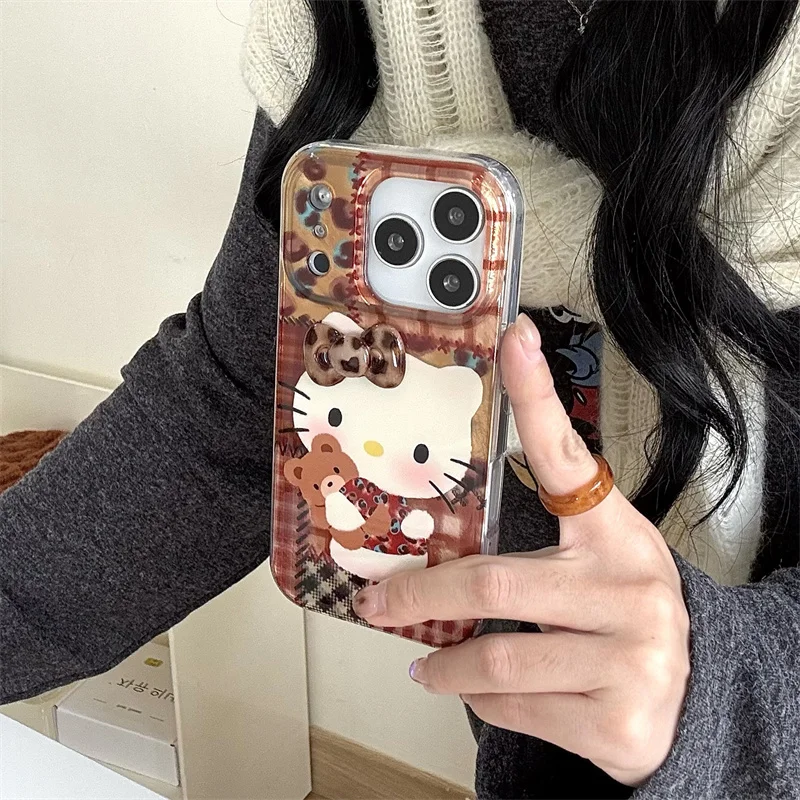 

Fashion Brown Plaid Pattern Leopard Print Kitty Cat Phone Case For iPhone 17 Pro 16 15 14 Pro Max Cover with Chain Shockproof Ca