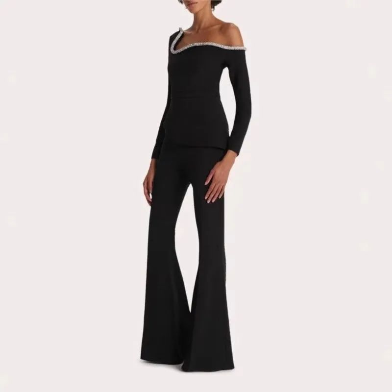 New Fashion Sequins Jumpsuits Women Sexy Off Shoulder Shining Slim Fitting Solid Color Jumpsuit Long Sleeve Flare Pants Playsuit