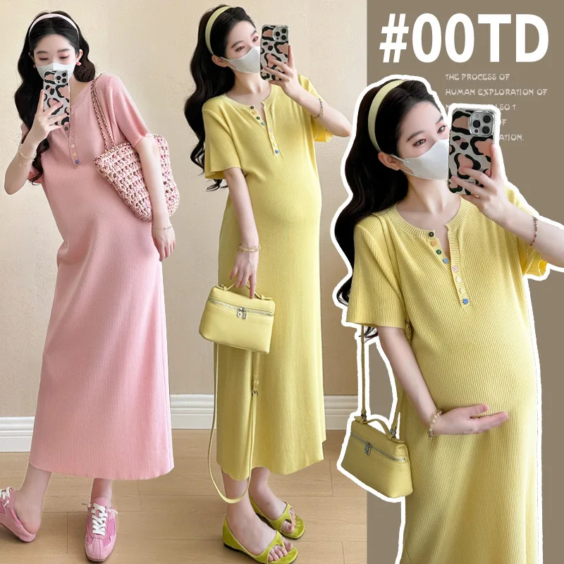 Maternity Dress Summer 2026 Short Sleeve Colorful Button Slimming Knit Dress for Pregnant Women Soft Comfortable