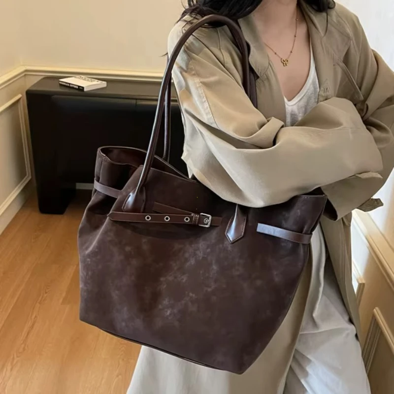 Retro Large Capaci Faionable Tote Bag Women's Commuter Handbag Single oulder Bag Busin Casual Pure Color PU Leather Handbags