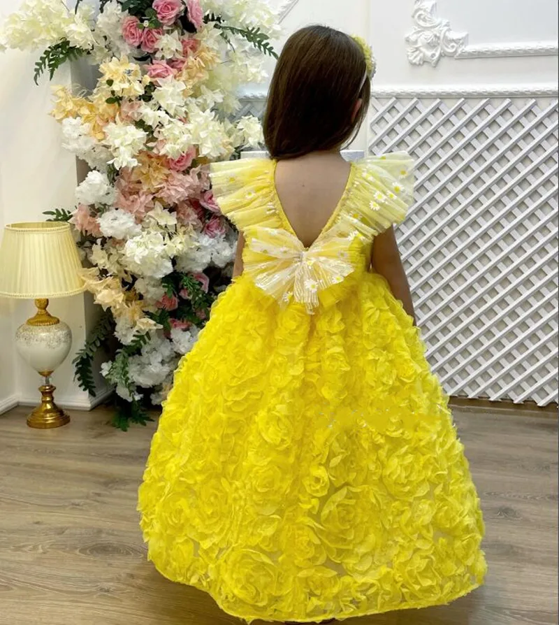 

Yellow Flower Girl Dresses with Bow Elegant Princess Ball Gown For Kids Birthday Party Gown First Communion Dress