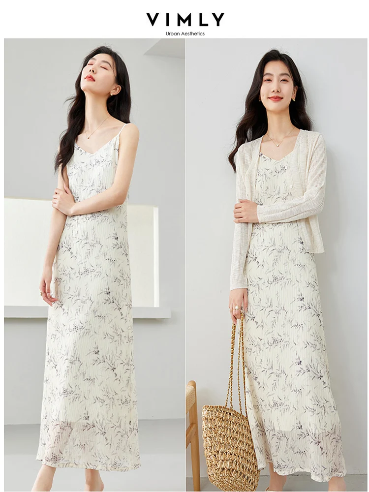 VIMLY Sleeveless Floral Print Suspenders Dress Summer Fashion Sexy V-Neck Slim Versatile Suspender Printing A-Line Dress M7121