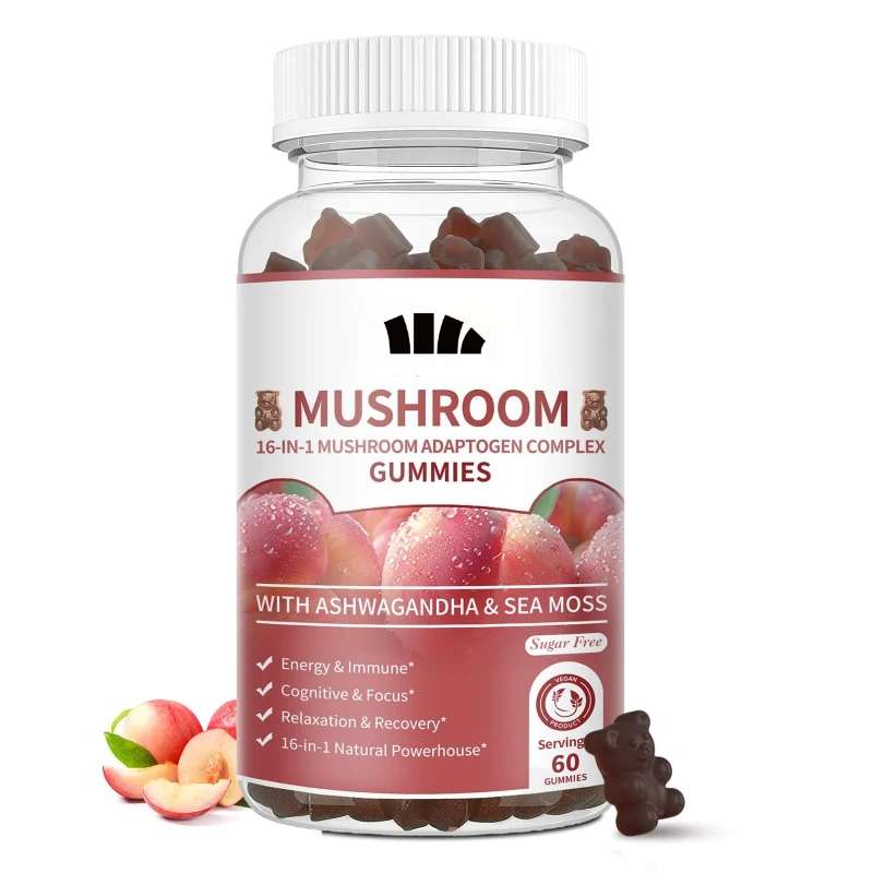 Mushroom Gummies 2500mg Containing Lion Mane, Cordyceps Sinensis, Lingzhi, Chajia, and Turkey Tail Extracts for Immune Support