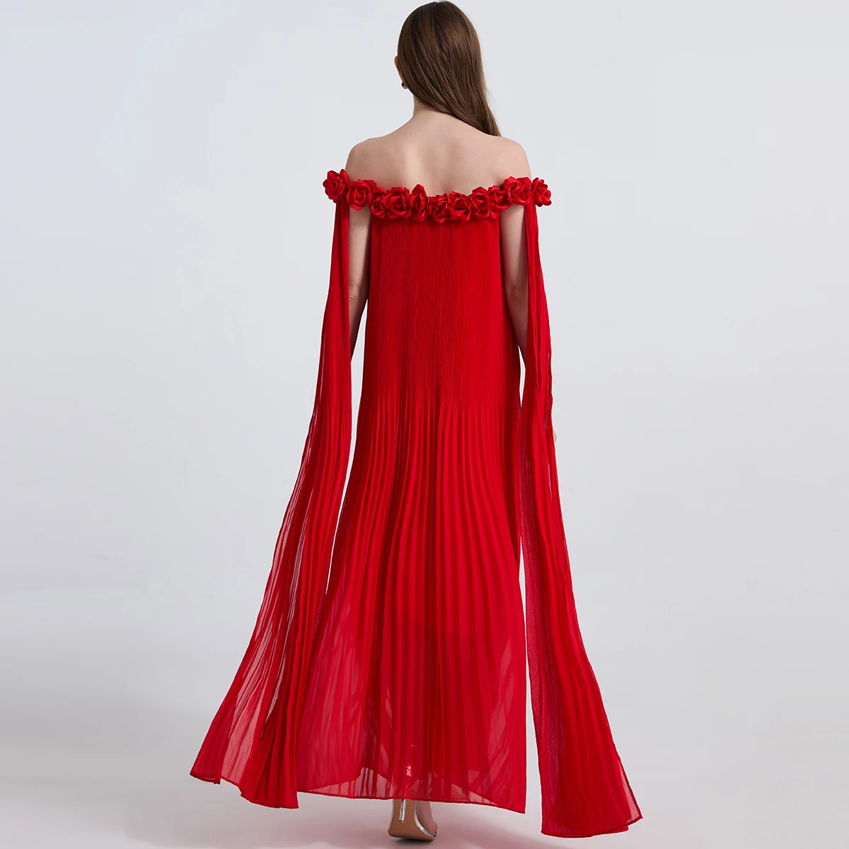 Sexy une épaule 3D fleur plissée en mousseline de soie longue Dr parole longueur jupe haute qualité Version Ele Sle été Dr