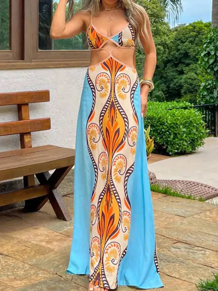 

Spaghetti Strap Hollow Out Chic Maxi Women Summer Holiday Sleeveless Party Dress, Backless Lace-Up Fashion Ladies Dress