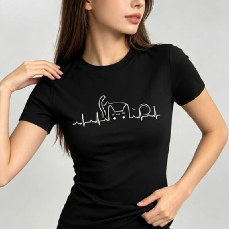 Cute Cat Lover Women Cotton Slim Crew Neck Tee Cat Heartbeat Pulse Line Print Casual Standard Fit Short Sleeve T-Shirt