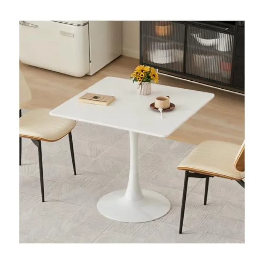 

Square Dining Table 31.5 White Mid Century Modern Bistro Table with Thickened Top and Metal Pedestal for Kitchen Small Spaces L