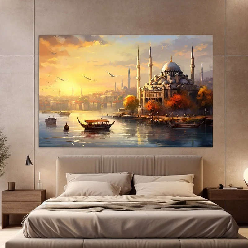 Misty Istanbul Turkey Landscape Poster Print Mosque Sunrise Art Canvas Painting Bedroom Travel Wall Home Mural Decoration