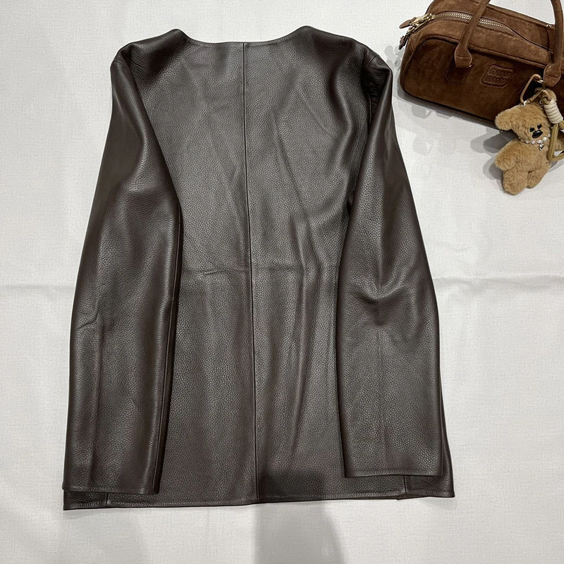 Veste en cuir pour femmes, mode printemps-automne, café, Grain Litchi, peau de chèvre, un bouton, col en v, veste de costume, technologie Composite