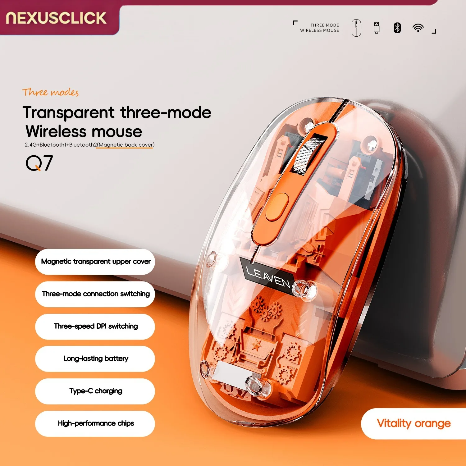 NexusClick Transparent Tri-Mode Wireless Gaming Mouse, Silent Type-C Rechargeable, 3 Adjustable DPI Computer Mice for PC Laptop